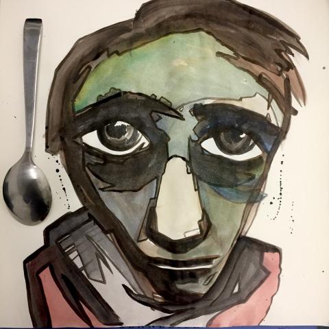 Self-portrait, Looking up at a spoon.
