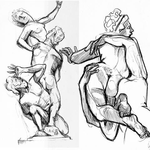 <p>Sketches based on a Roman statue by Giambologna called 'The rape of the Sabine women'<br />
The rape of the Sabine woman was an incident in Roman mythology in which the men of Rome committed a mass abduction of young women from the other cities in the region.<br />
&nbsp;</p>
