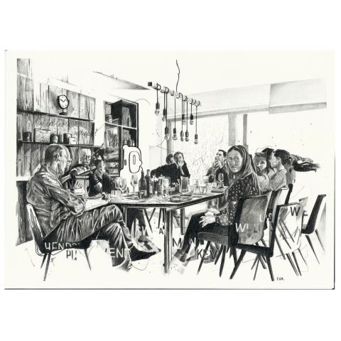 <p>Het diner,&nbsp;<br>de uitdaging van beweging in een tekening te steken, en tegelijk mezelf in een groep te plaatsen.<br>De eerste verschijning van mijn 'blob', mijn 'omgaan met mensen' - zelve.<br>Hier op een diner met vrienden.<br><br>Monachopsis I<br>Potlood op stevig papier<br>A3<br>€ 450<br>(mailen bij interesse)<br><br>Diner<br>The challenge to put motion into a drawing and simultaneously put myself into a group of people.<br>The first showing of my 'awkward' self, my 'blob', how I feel around others.<br>Here having a diner with friends.<br><br>Monachopsis; the subtle but persistent feeling of being out of place<br>(dictionary of obscure sorrows)<br>&nbsp;</p>